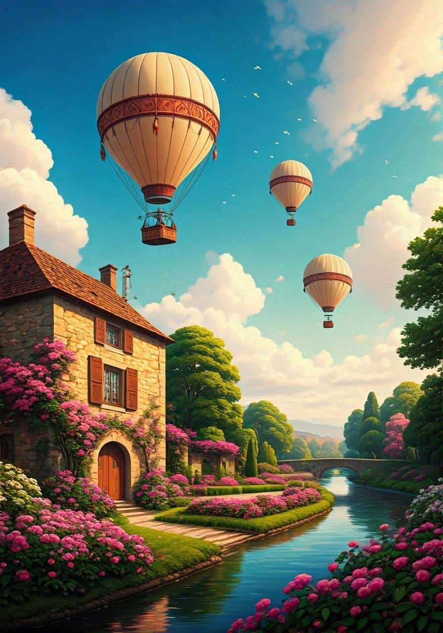 In a bright blue sky, three large hot air balloons rise. They feature a classic design, creamy in color with red details. Each balloon has...