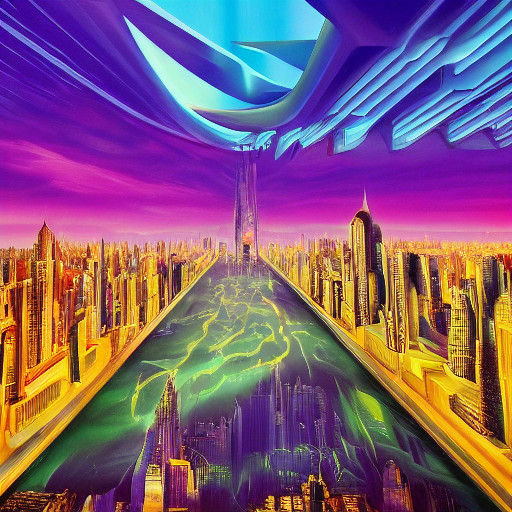 Surreal Futuristic Cityscape in Vibrant Dreamlike Colors