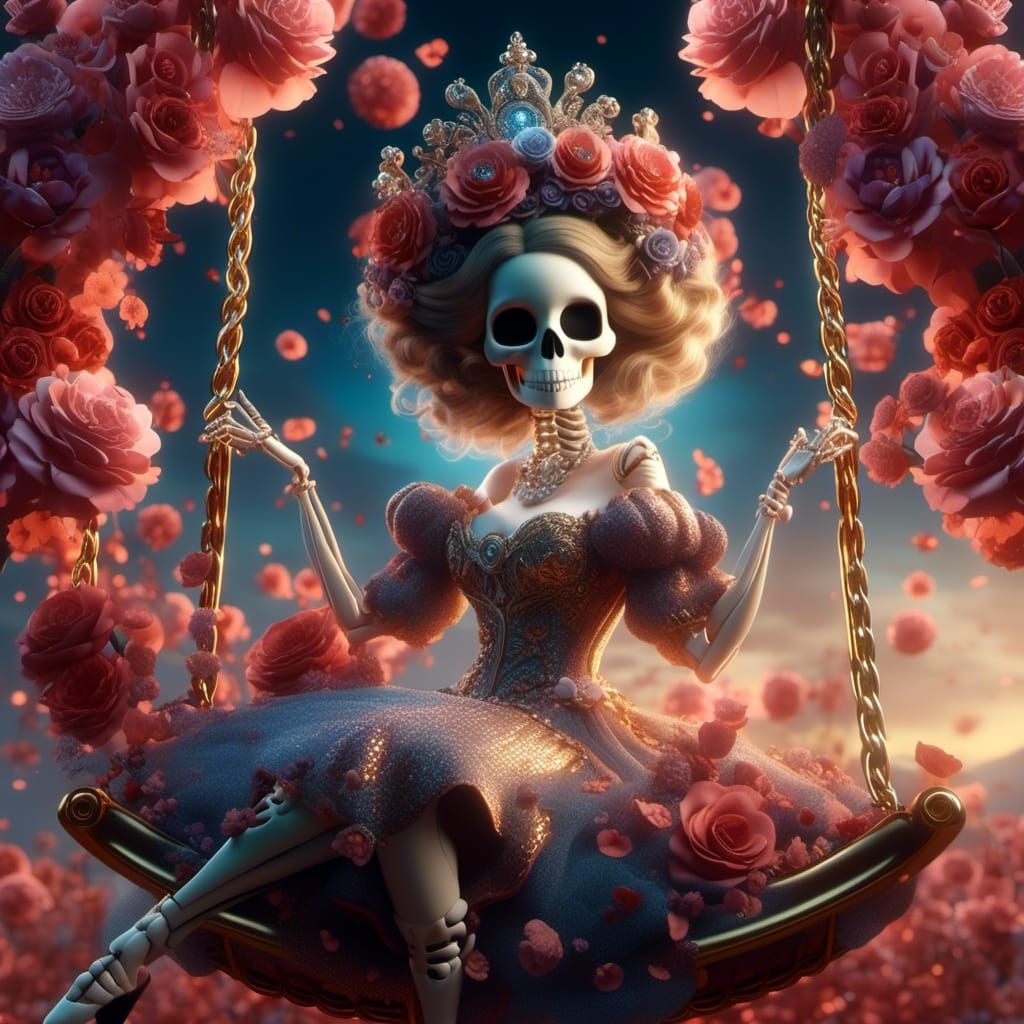 <lora:Skellyverse:1.0> 3D hyperrealistic full body of portrait Queen of Flowers sitting on a swing woven from a symphony of blooming flowers...