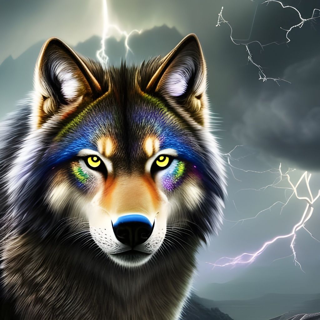 Rainbow wolf in lighting storm, bioluminescent glowing blue eyes ...