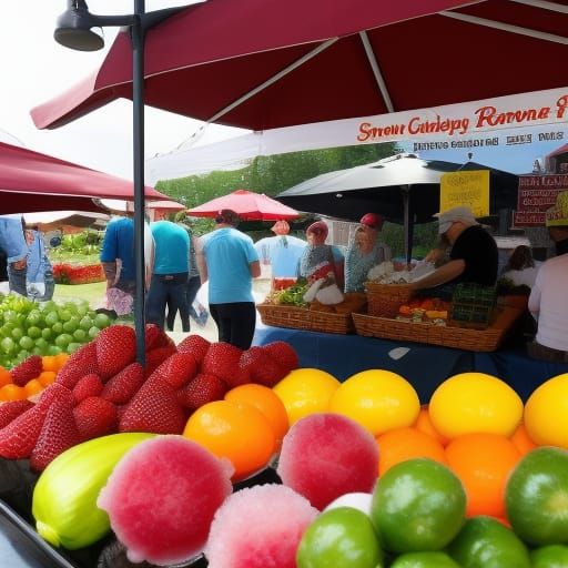 Colorful farmers market with fresh produce and snowcones in ...