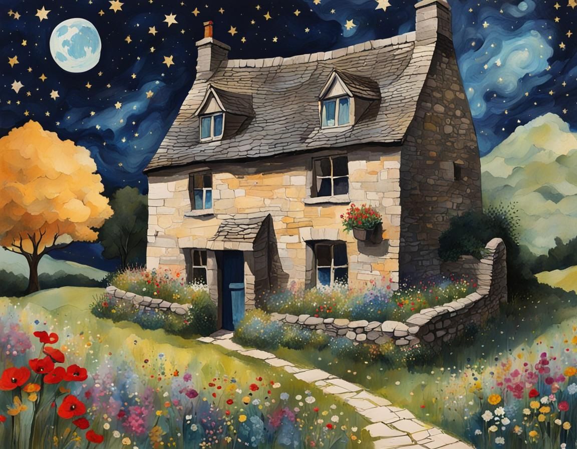 A cosy stone cottage by moonlight