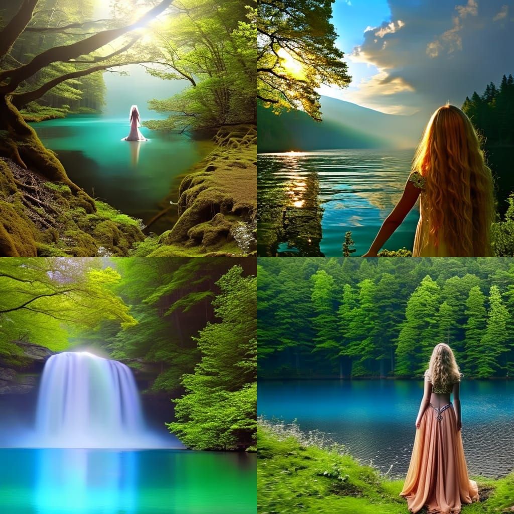 Fairy looking the water of a lake, colorful enchanted forest, magical ...