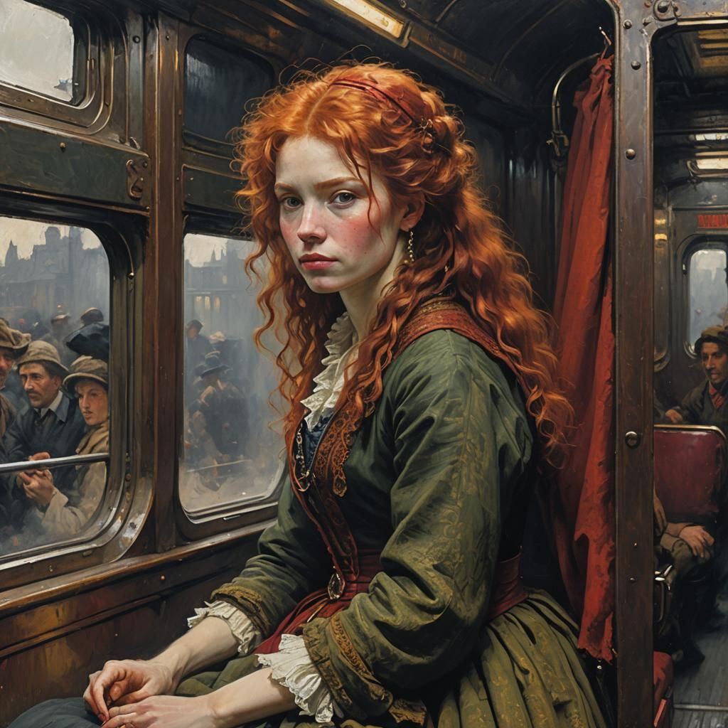 a ravishing red-haired beauty alone on a train. rembrandt