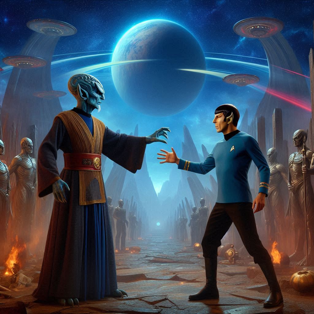 Old School Spock on Planet with Alien Vulcan (Spock and Saur...