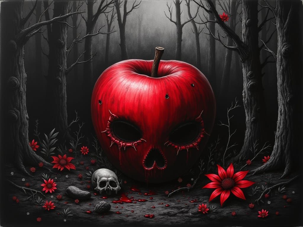 demon, apple, skull, forest, Charcoal, ink, grey and red , in the style of a really edgy artist. black background, grey shading (Lomographic...