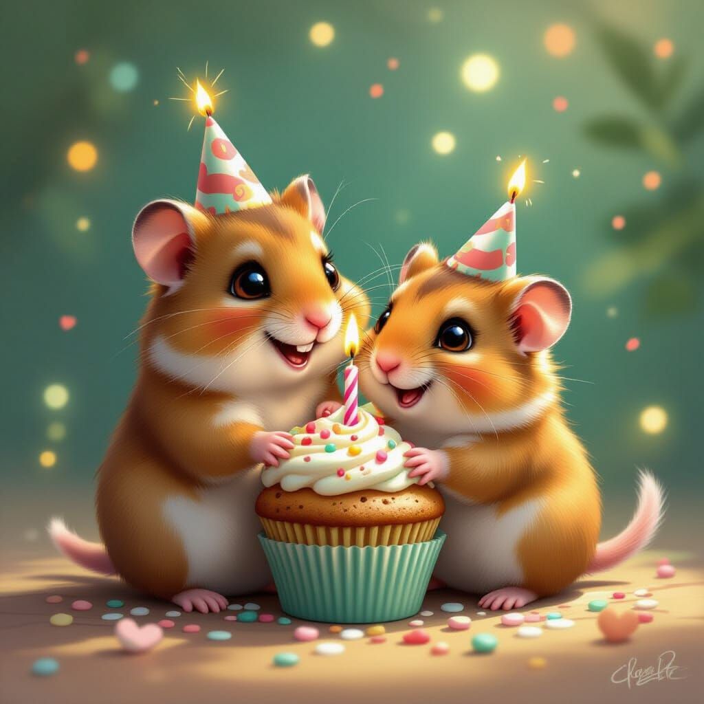 Hamster Family Celebrates Son's Birthday with Cupcake