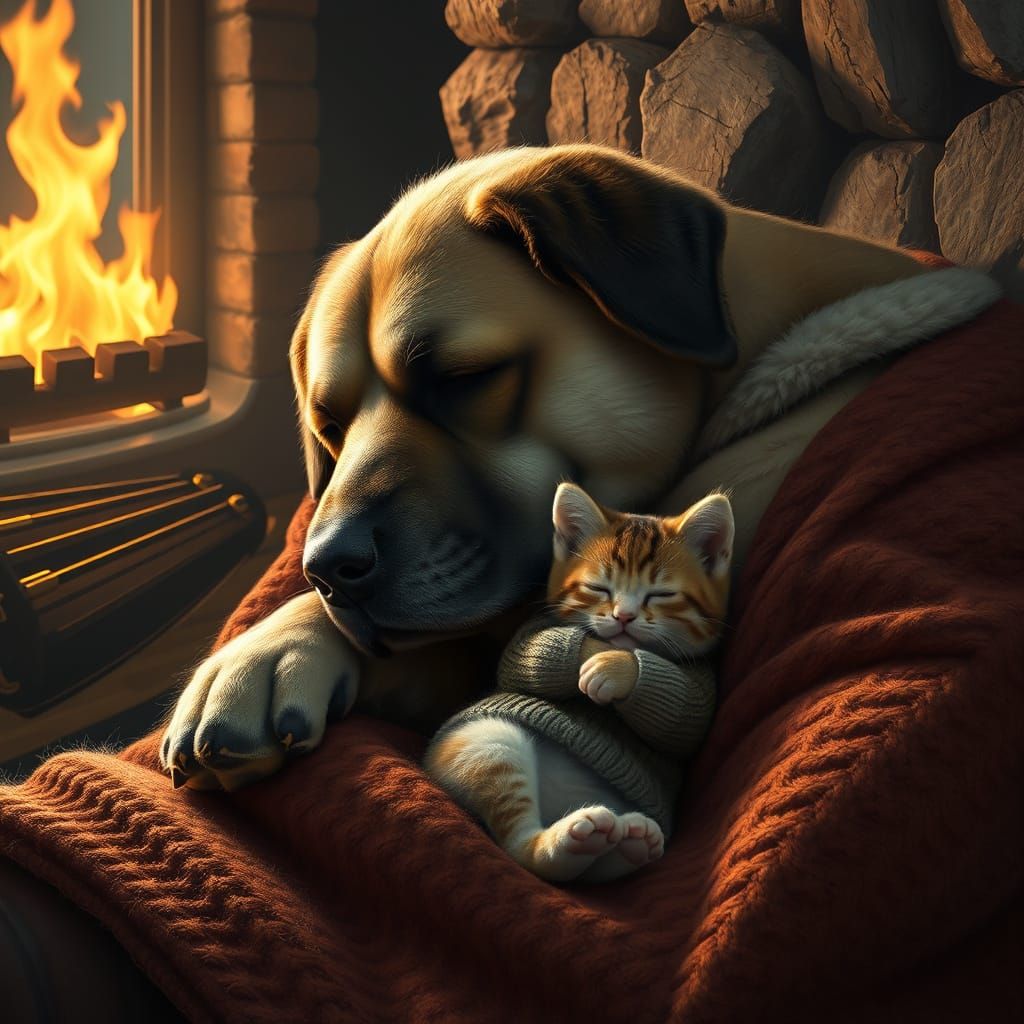 A massive dog asleep by the fireplace with a tiny fluffy kitten curled up against him very warm and cosy atmosphere 