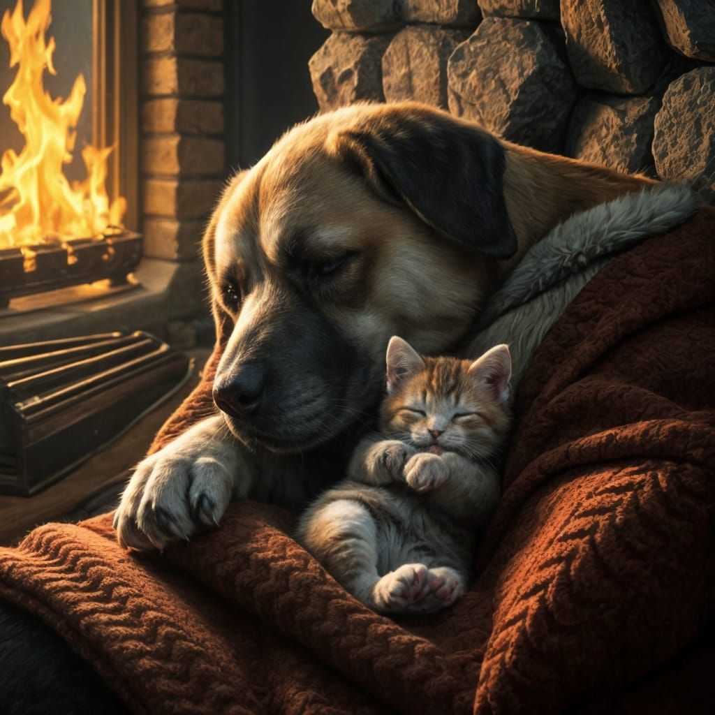 A massive dog asleep by the fireplace with a tiny fluffy kitten curled up against him very warm and cosy ...  by @Tinypegs