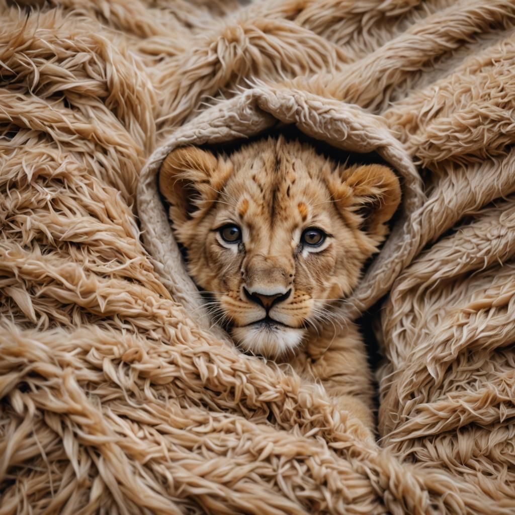 a cute baby lion snuggles up in a blanket of short fur. idyl...