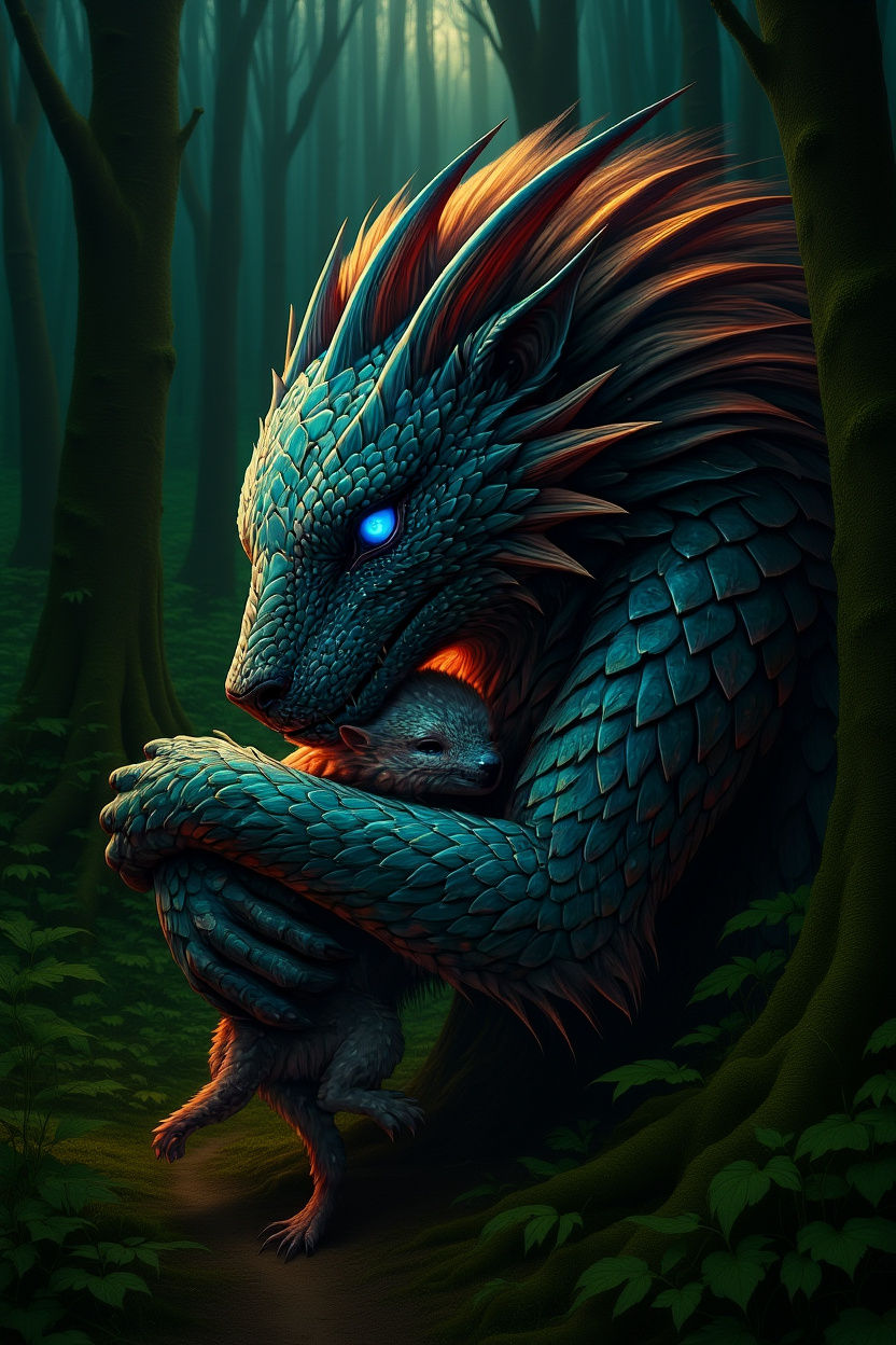 Create a mythical scary looking but friendly beast. Show his protective a small helpless creature. Stunning textures and colors. Ultra 8k 4-...