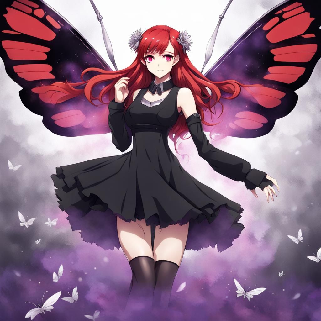 Octavia Williams with bright red hair and bright purple eyes...