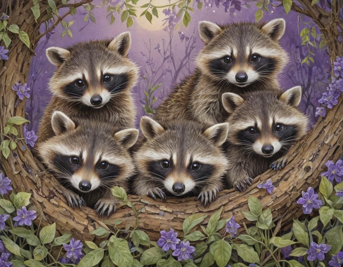 The cute baby raccoons look curiously out of their den for t...