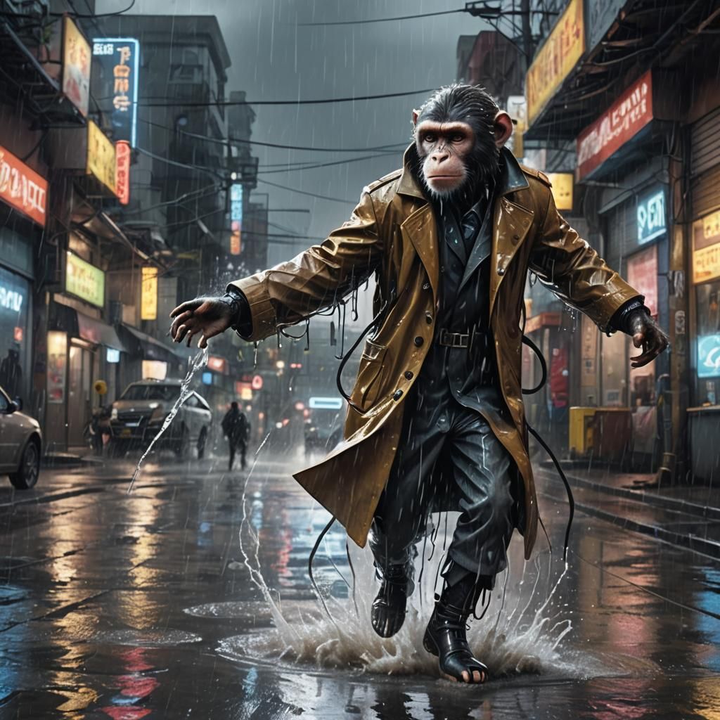 Monkey Jumps in Rainy Cyberpunk Street: Sci-Fi Art