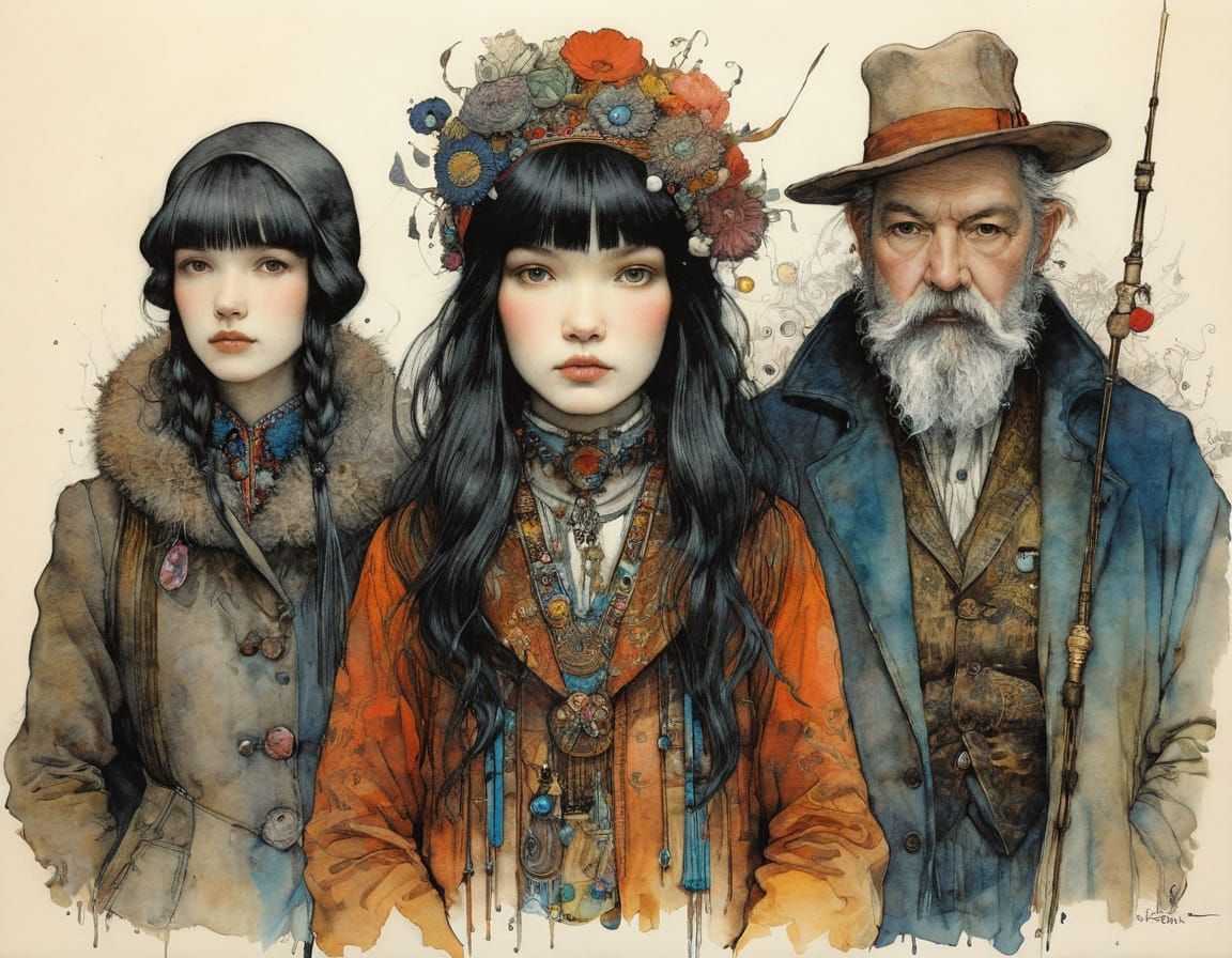 Charcoal and ink - Fantasy Charcoal Sketch in Triadic Colors