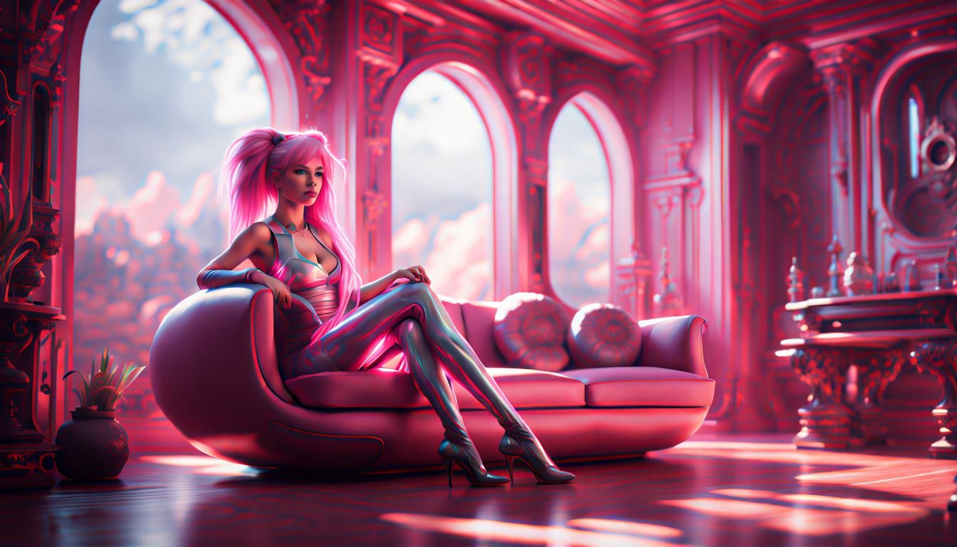 Futuristic Queen Rhodas sitting in living room