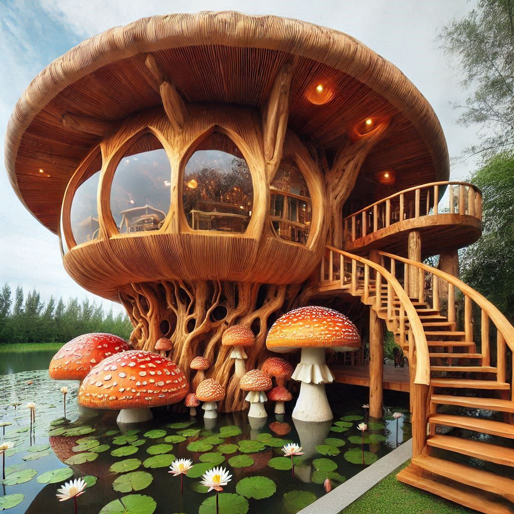 imaginative wooden house designed in the shape of huge and small amanita muscaria, mycelium network stairs, with a huge ...