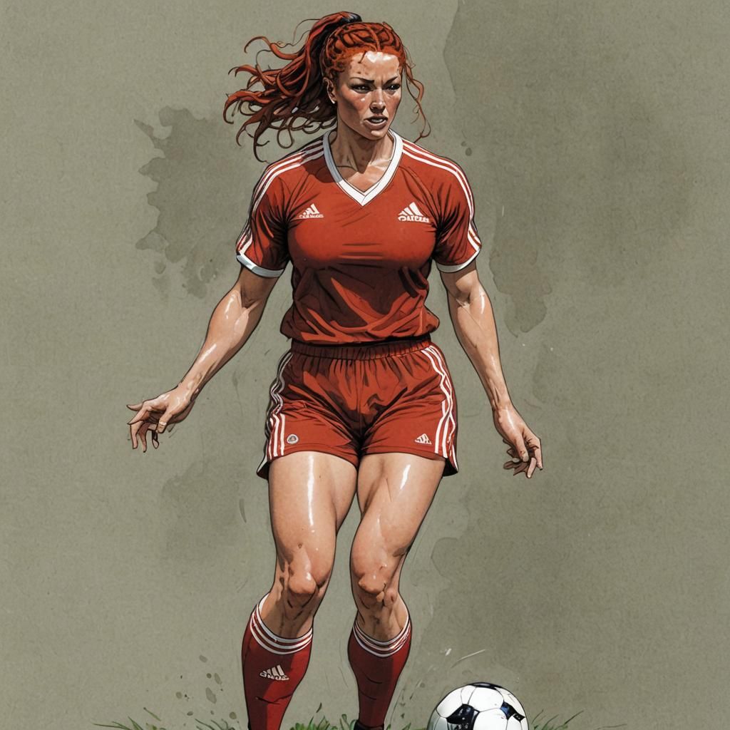 Milo Manara art, woman, female soccer player, bodybuilder body, freckles,  redhead, hairstyle with fringes and braids, chubby face, huge larg... - AI  Generated Artwork - NightCafe Creator