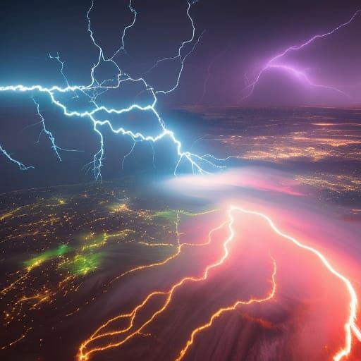 Expansive photo of Electric Lightning in Thunderhead clouds vibrant cosmic colors ultra-detailed 3D modelling ...  by @Peregrine Falconer