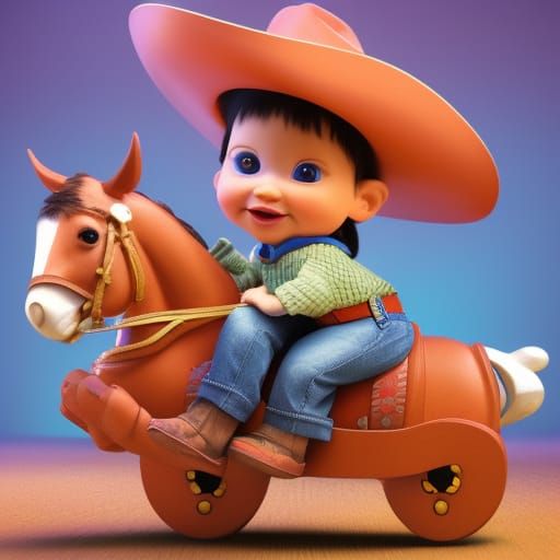 A baby in a Cowboy costume on a toy Rocking Horse