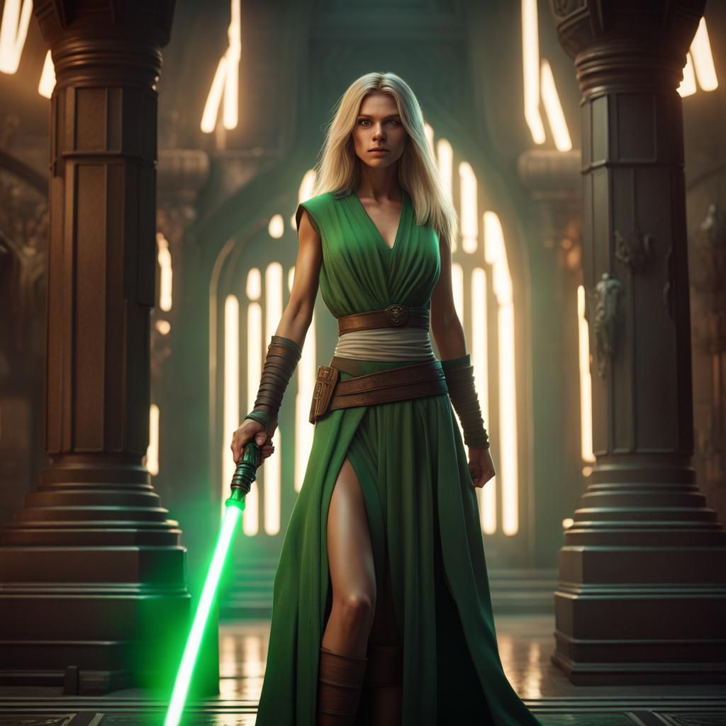 Beautiful female jedi with long blonde hair stands holding a light ...