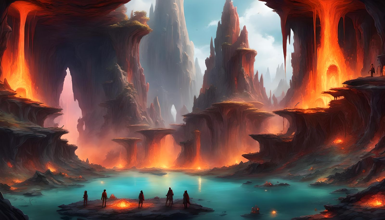Illuminated huge cave with explorers