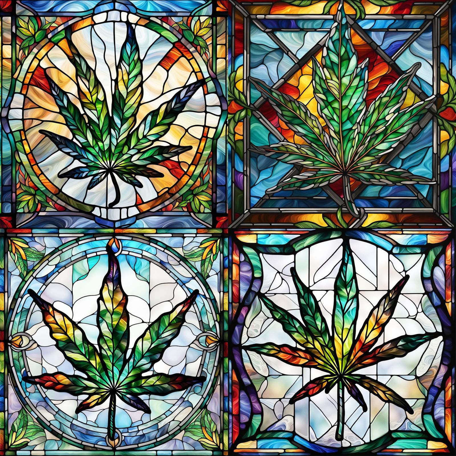 Vibrantly colored portrait of stained glass Marijuana Leaf hyper