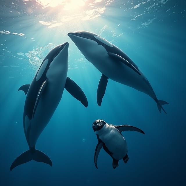 AN ORCA WHALE AND A PENGUIN SWIMMING IN THE OCEAN.