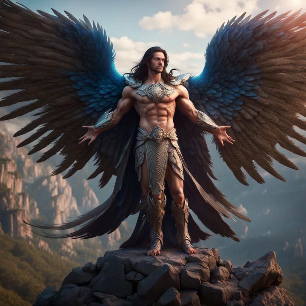 hyperrealistic muscular archangel with peacock wings, long dark hair ...