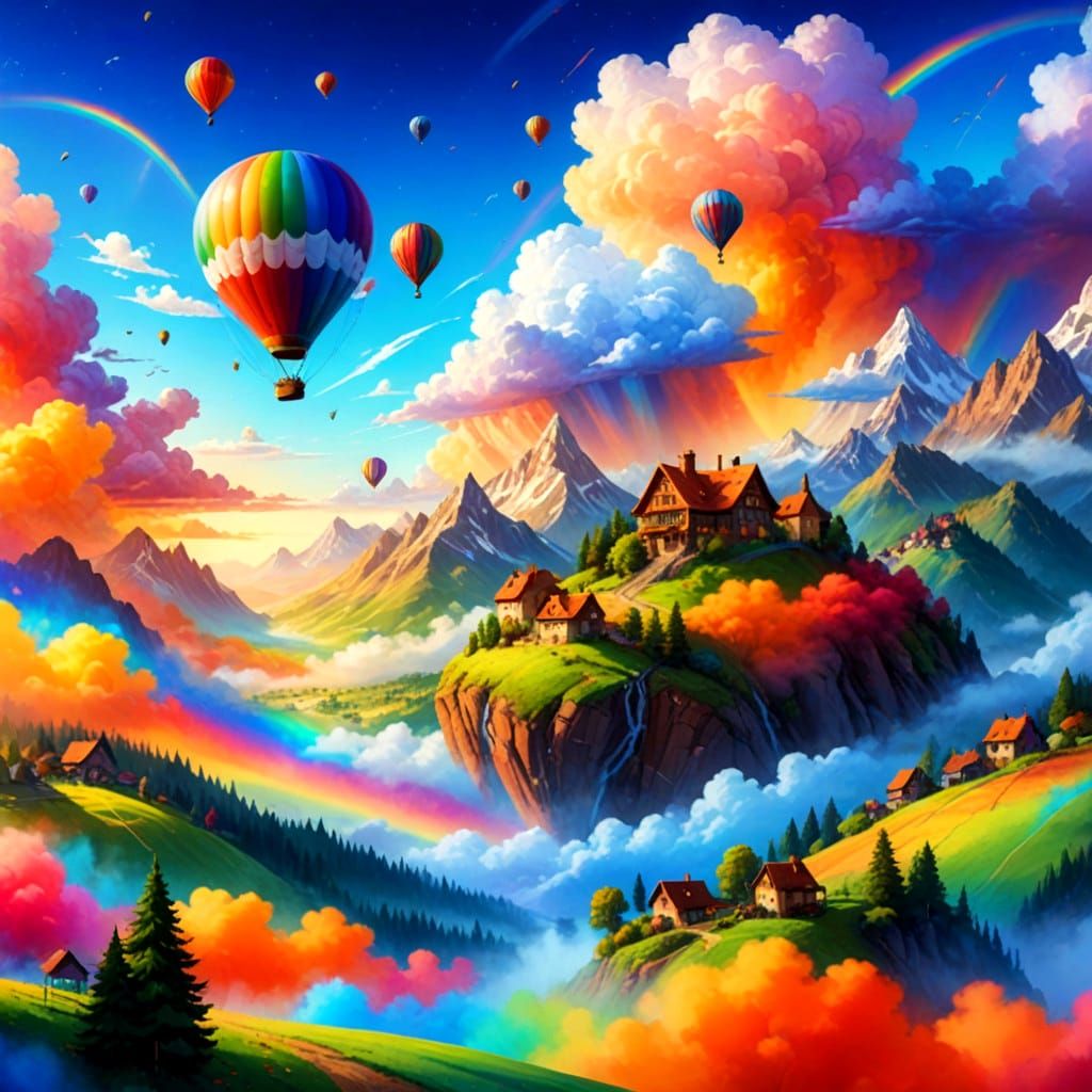 Whimsical Watercolor Fantasy in Vibrant Landscape