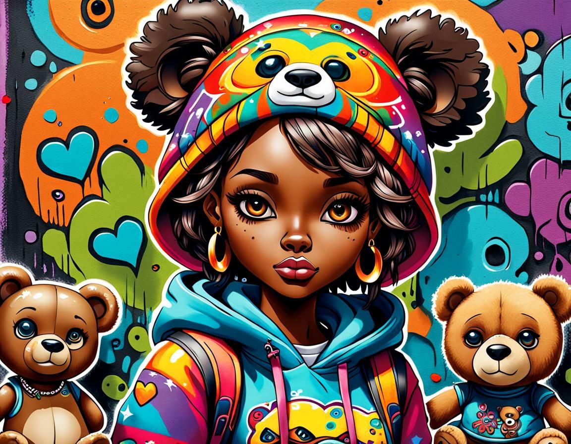 Graffiti Art: Whimsical Girl with Hip Hop Teddy Bear