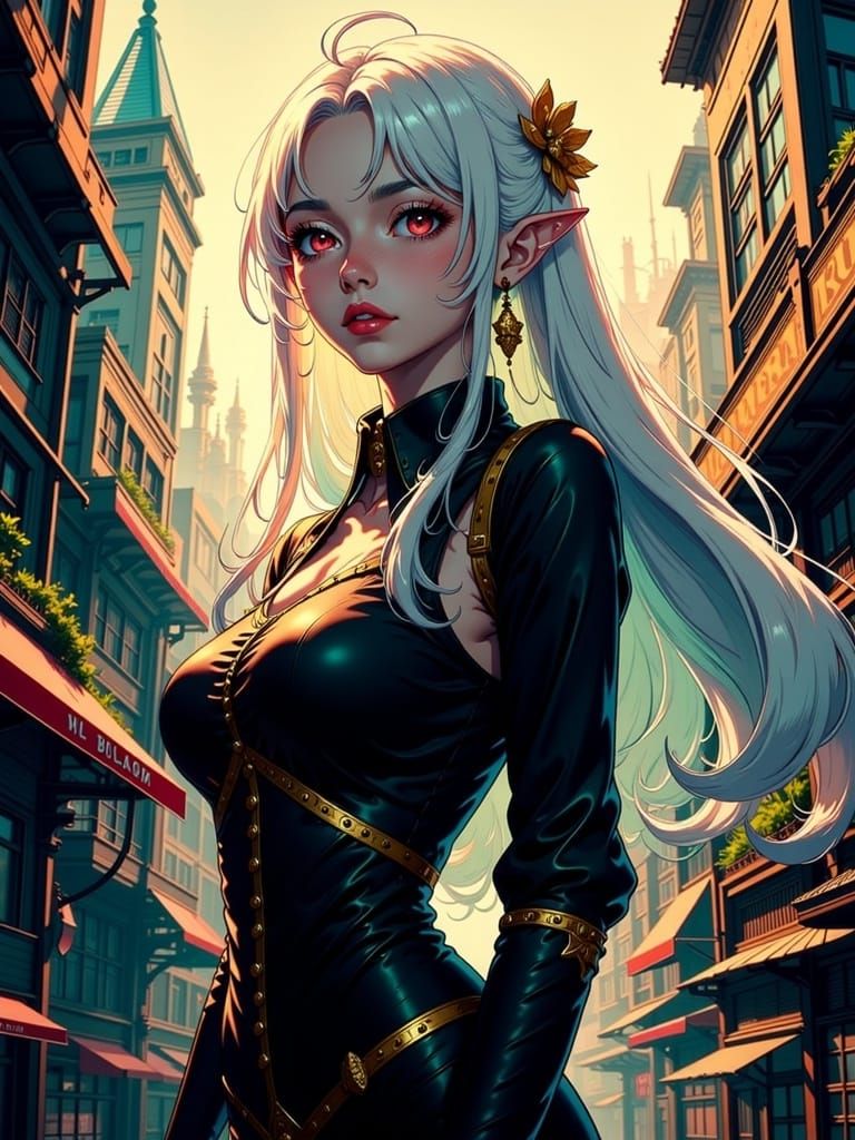<lora:DarkSushiMix:1.0> steampunk city, woman; white hair, patterns, weirdcore art deco Splash art 3d anime ink drawing selective color blac...
