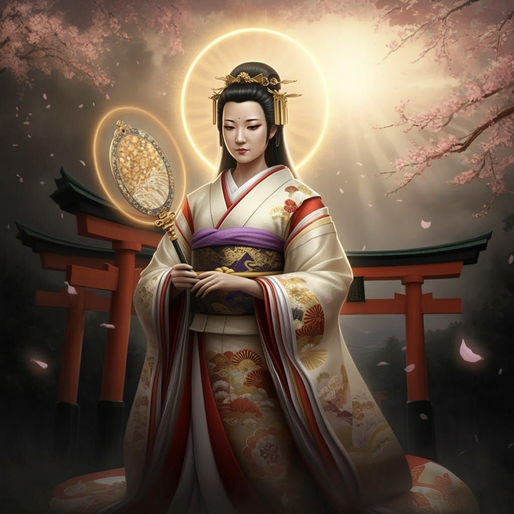 Amaterasu Omikami in Ukiyo-e Style with Sacred Mirror