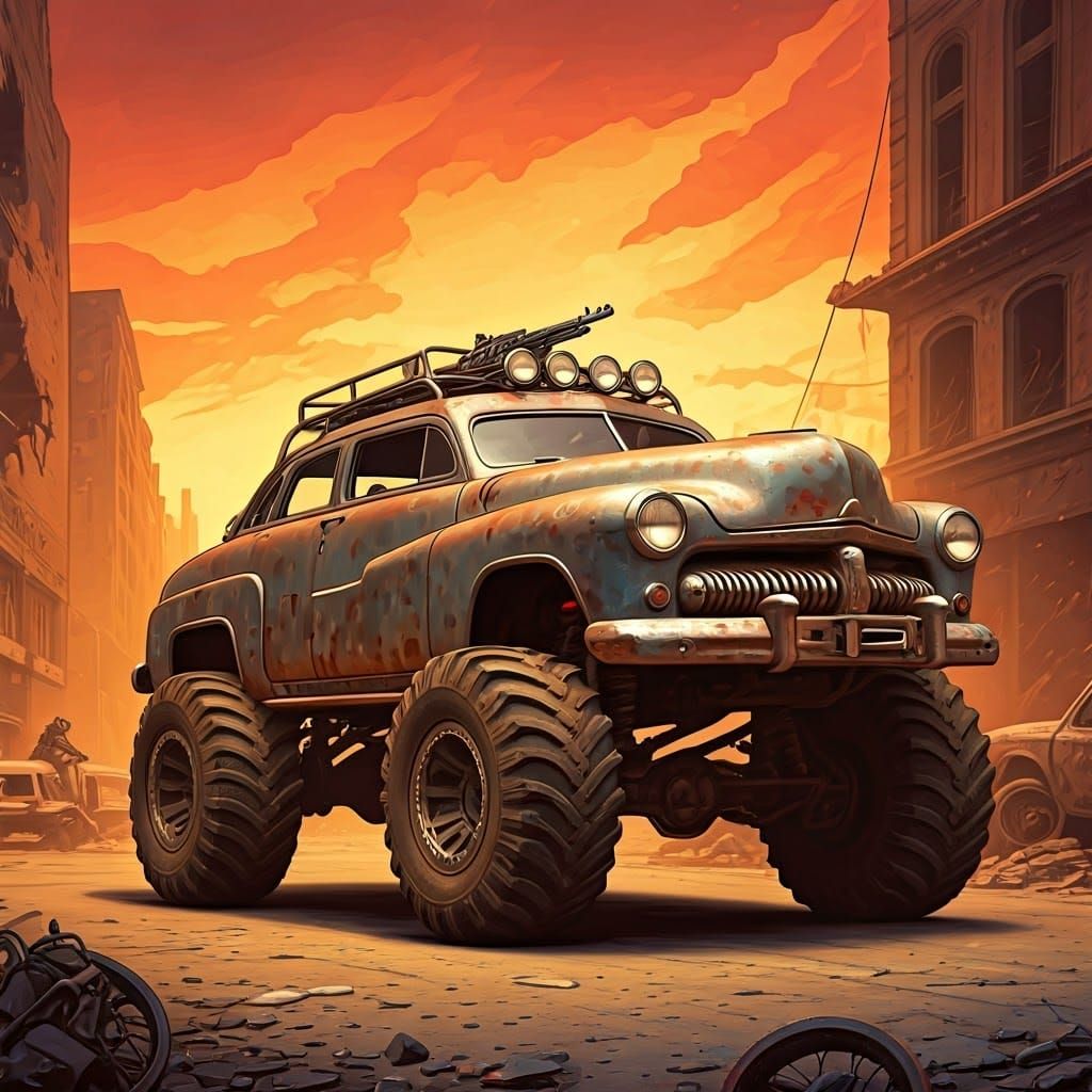 A 1950 Mercury Eight reimagined as a post-apocalyptic off-road beast.  It's jacked up high on massive tires, with a rusty, weathered exterio...