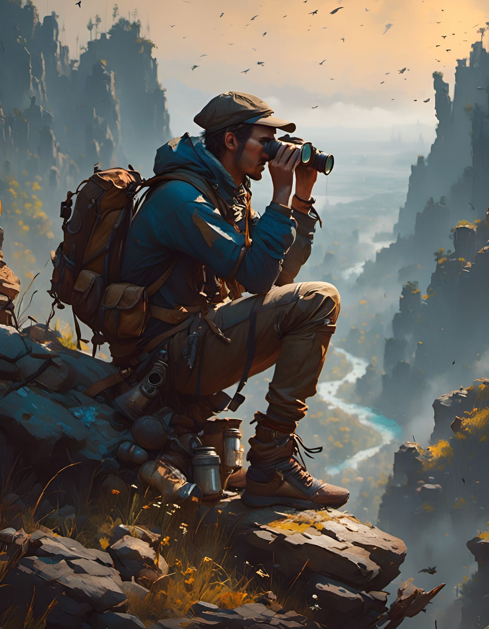 An explorer sitting on a rock looking through binoculars