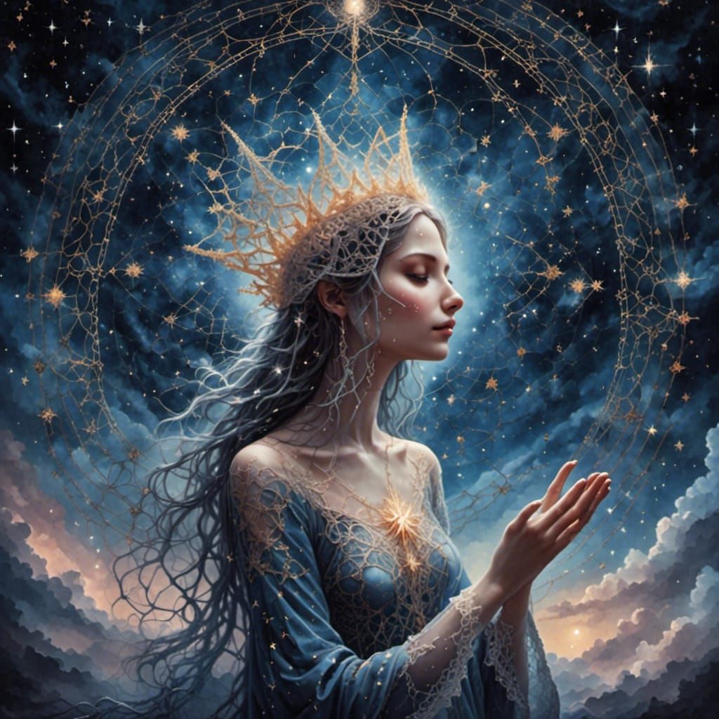 In realms where the silence speaks in tones
Finding essence in worlds unknown
Fingers lace within the astral few
In this world, it's me and...