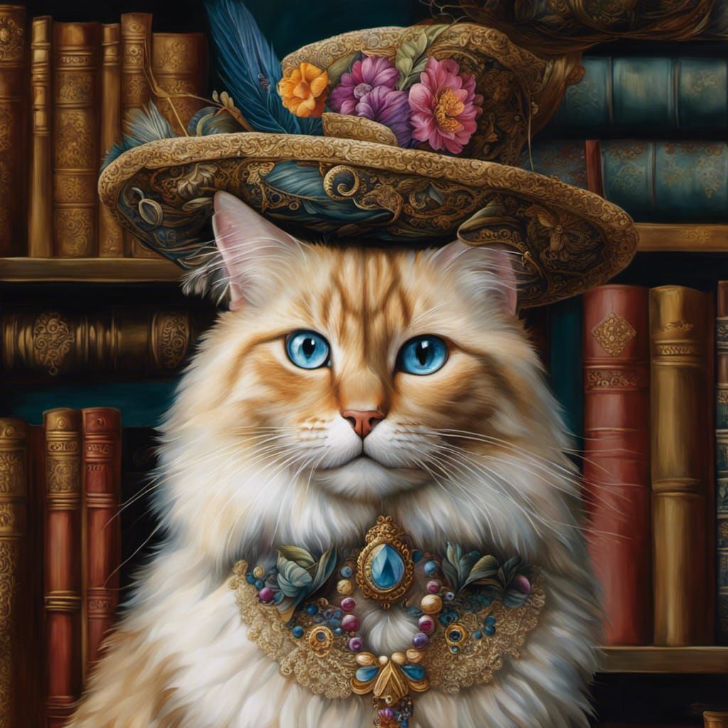 Ragdoll cat in fancy hat in the library - AI Generated Artwork ...