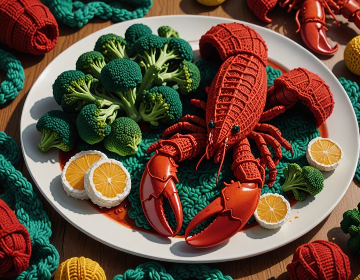 A stunning display of a plate of cooked lobster created from crochet yarn, T-bone steak created from ...  by @Richair Artistry