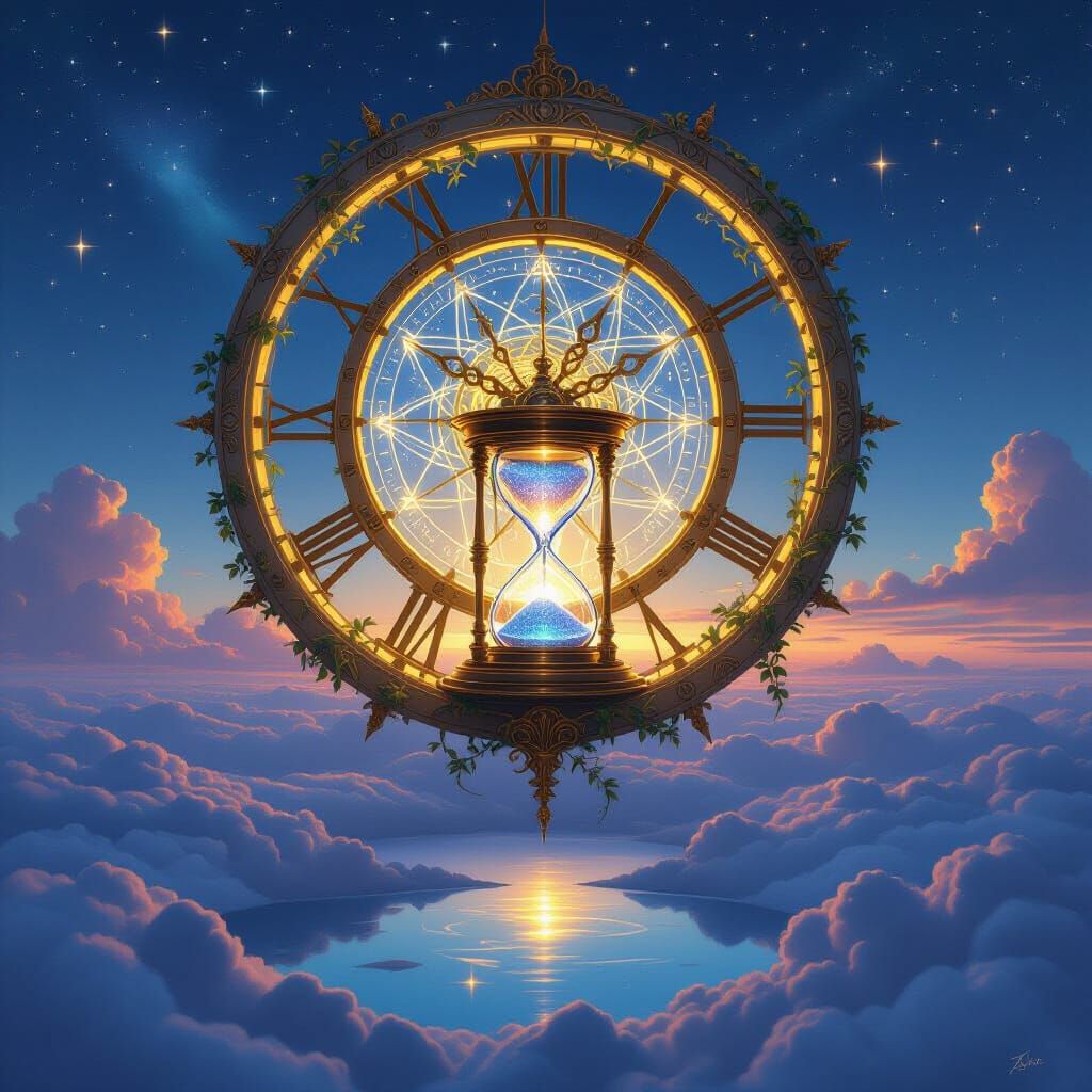 
"A breathtakingly detailed, high-resolution digital painting of a colossal, floating Celestial Timepiece suspended high in the clouds over ...