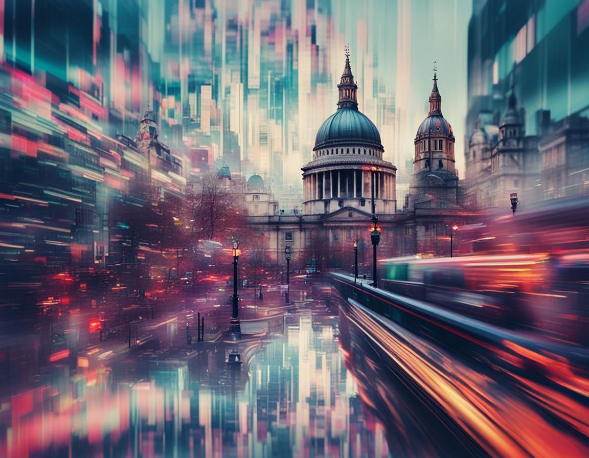 glitch art, glitchcore photorealistic Victorian London glitching into modern London  by @Alison