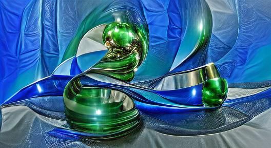 metallic blue sine wave rotating around extra large green gl...