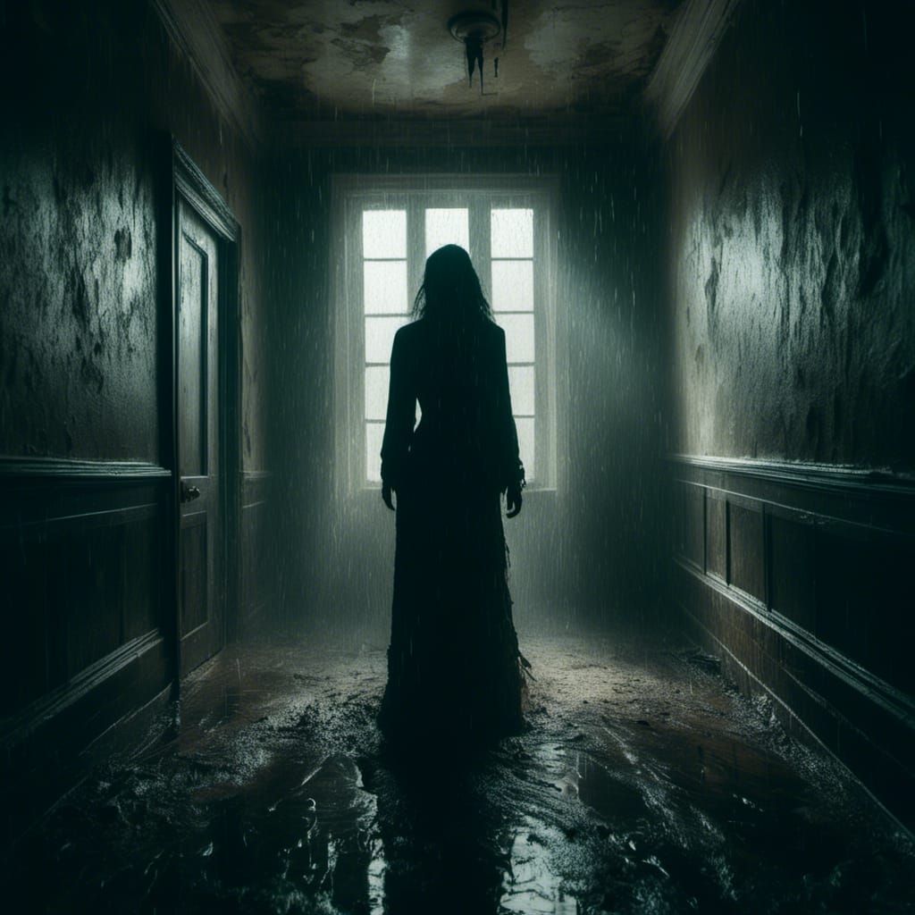 <lora:Macabre:1.0> dark picture woman silhouette dark corridor rain in the window 8k resolution horror eldritch 1900s photograph volumetric...