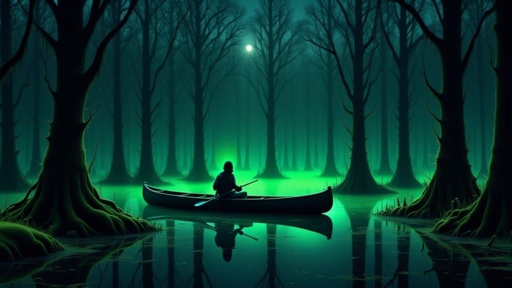 paddling a canoe in a glowing swamp on a moonless night <lora:Luminescent Swamp:1.0> 