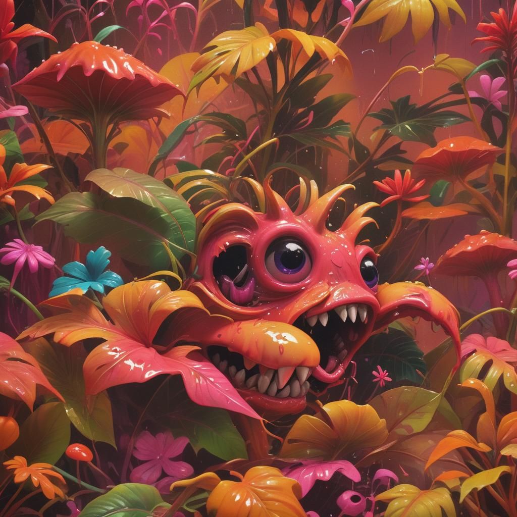 Hyper-realistic, mid shot. Cannibal plant eating its prey in...