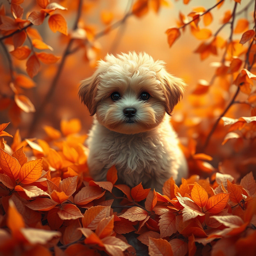 cute Maltipoo sitting in orange leaves   by @peanut