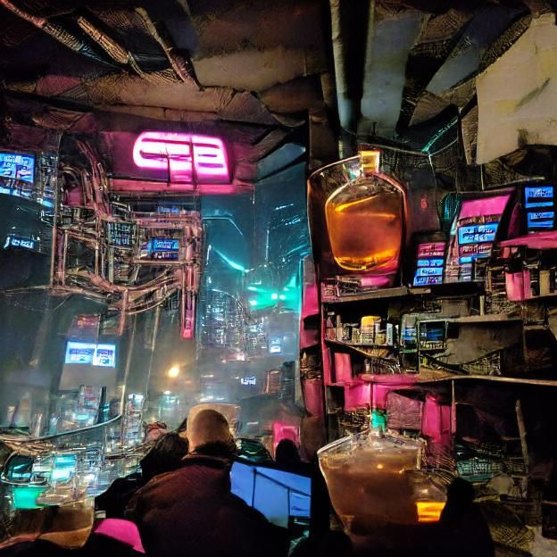 Drinking bourbon at a cyberpunk bar after hours at night