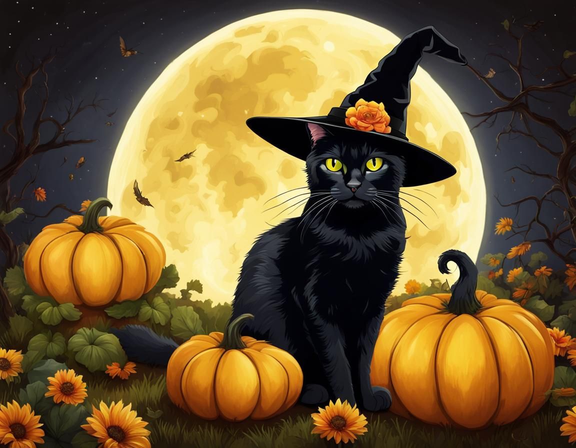a wide yellow eyed cute black cat floral print witches hat o...