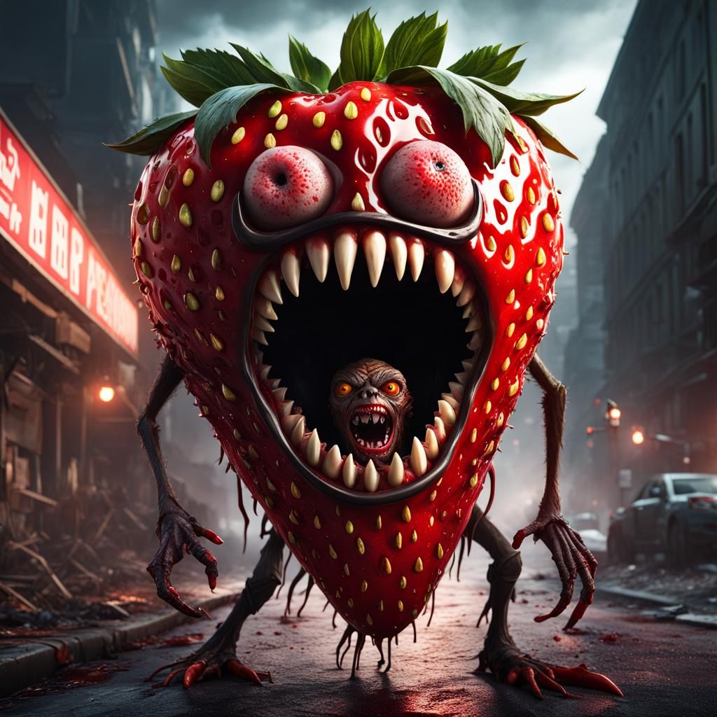 A big strawberry with a zombie face, big scary realistic eyes, bloody hands and legs, and a scary mouth ...  by @Ilo