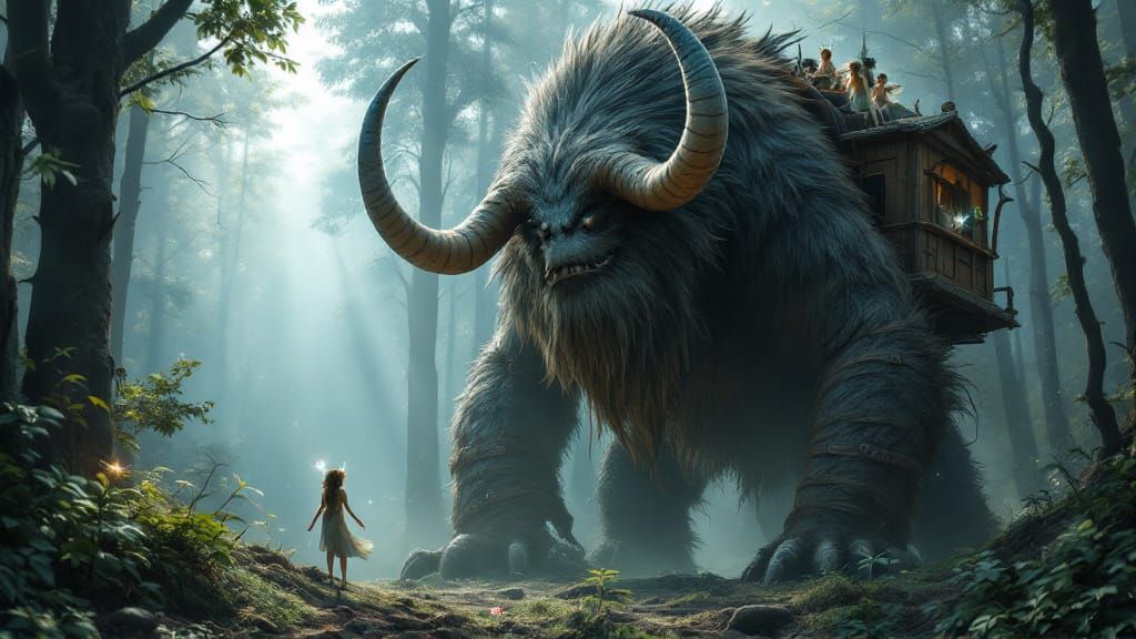 A photorealistic, 8K resolution dark-fantasy masterpiece of a colossal whimsical monster moving slowly through a deep forest. The creature i...