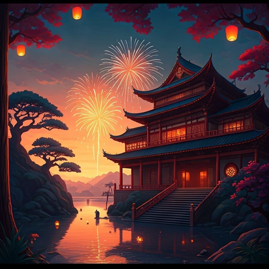 Asian Architecture with Lanterns and Fireworks